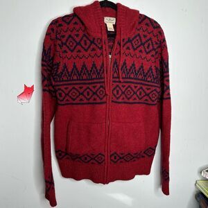 Vintage Y2K LL Bean Red & Navy Blue Wool Hooded Zip Up Sweater Size Medium